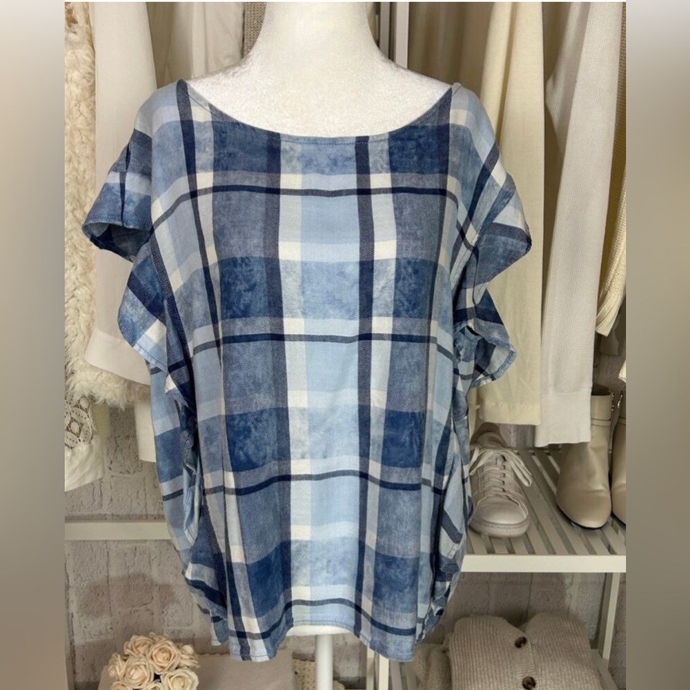 Vince Camuto Blue Plaid Ruffle Sleeve Blouse